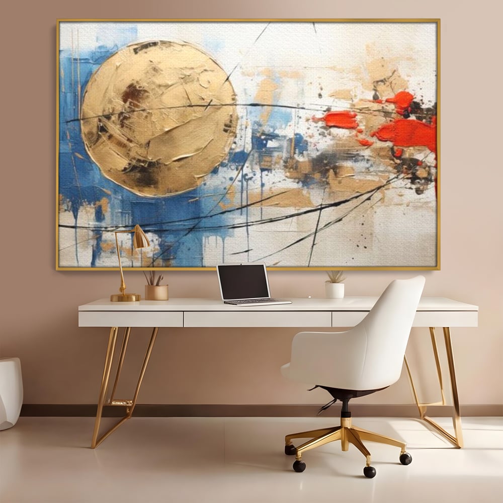 Tablou canvas cu pictura abstracta cu cerc auriu si pete rosii, in rama de aluminiu auriu, pe perete intr-un birou